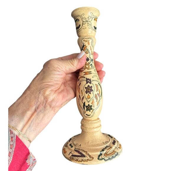 Unique Hand Painted Floral Neutral Colors Wooden Candle Holders Set of 2 - Picture 7 of 10